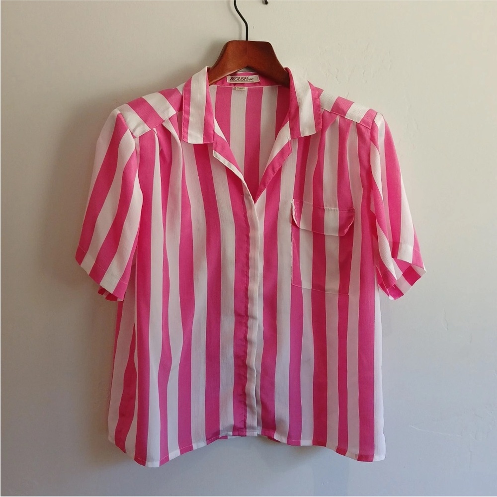Vintage Blouses Inc Button Up Blouse Size 14 Pink & White Striped Short Sleeve